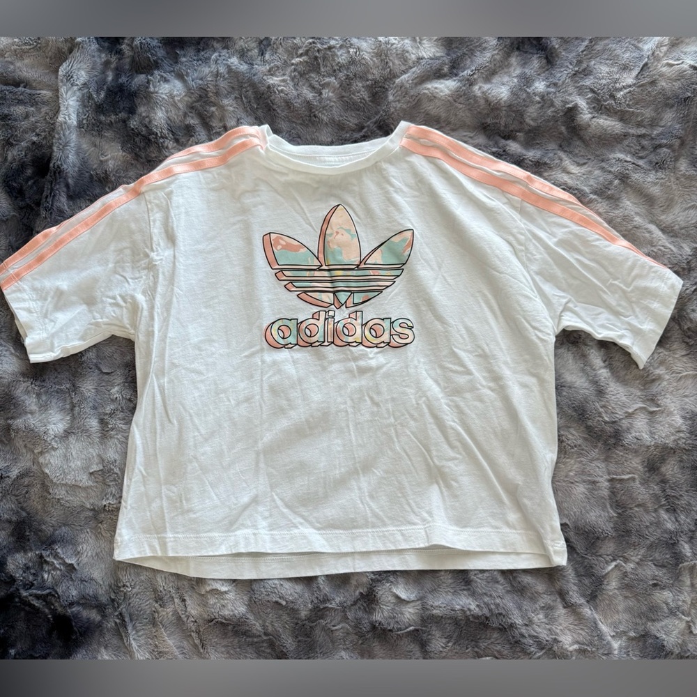 Adidas Kids White and Pink Logo T-Shirt Girls Size Large